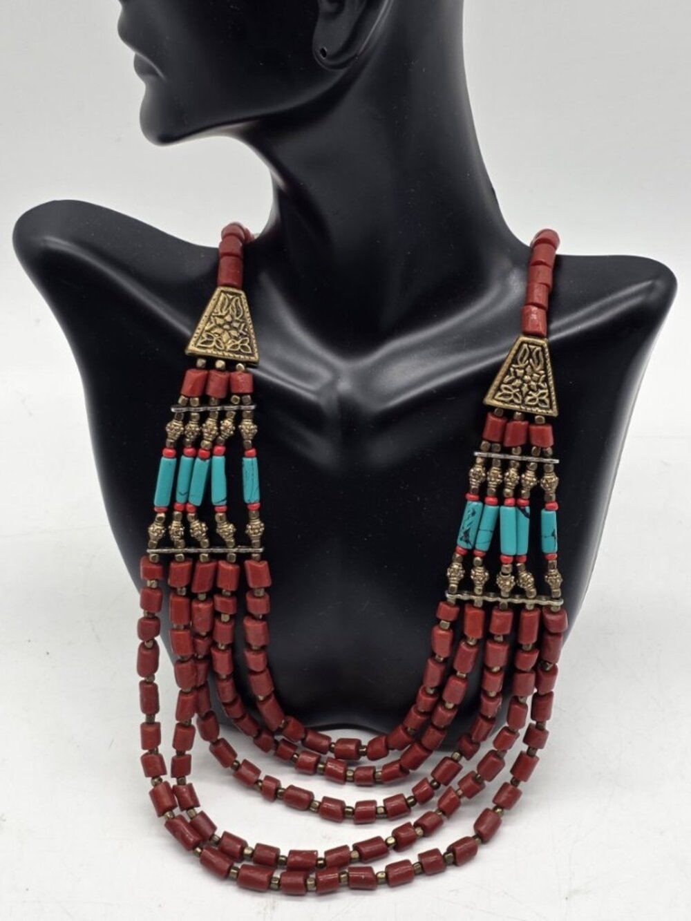 Tibetan Jewelry Multi-Strand Necklace Statement Boho Faux Turquoise & Coral